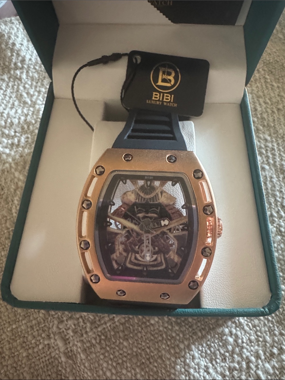 BiBi Rose Gold Tone Skeleton Dial Watch with Black Strap